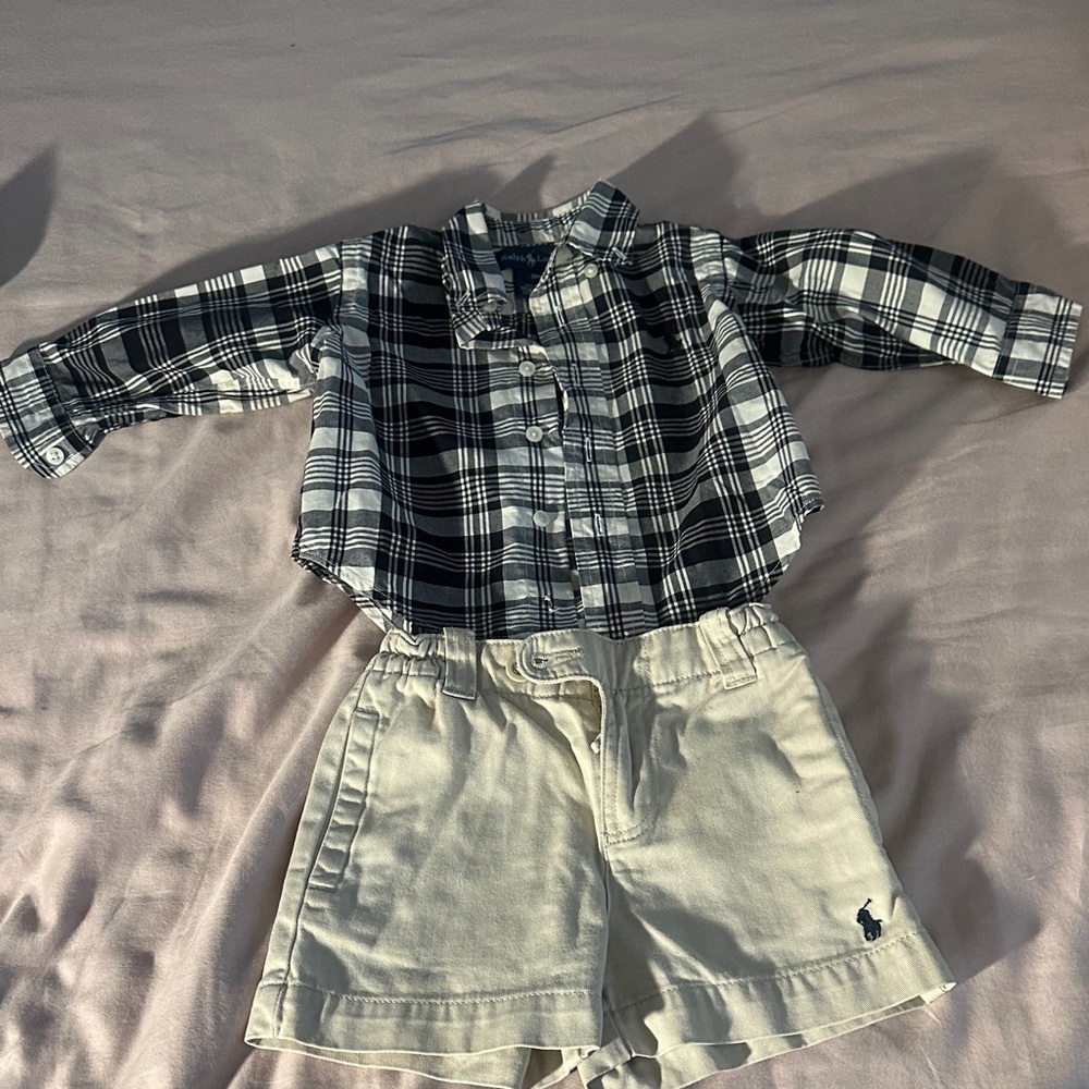 Black & White Ralph Lauren Plaid Button-Up Shirt with Cream Polo Shorts